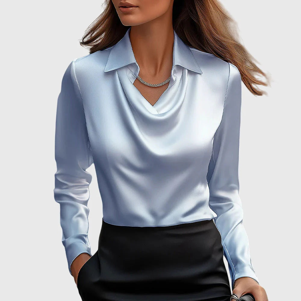 Luxurious shiny blouse with pleated collar