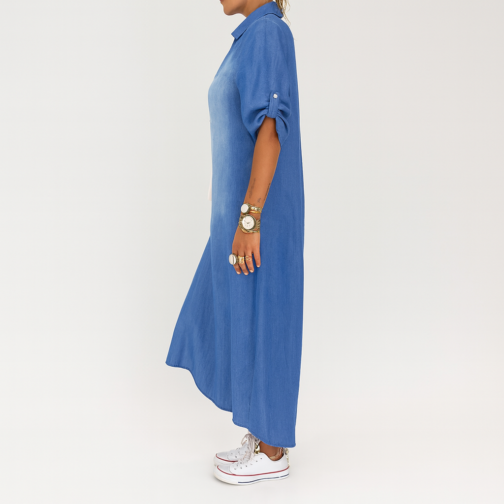 Long denim effect dress with side slit