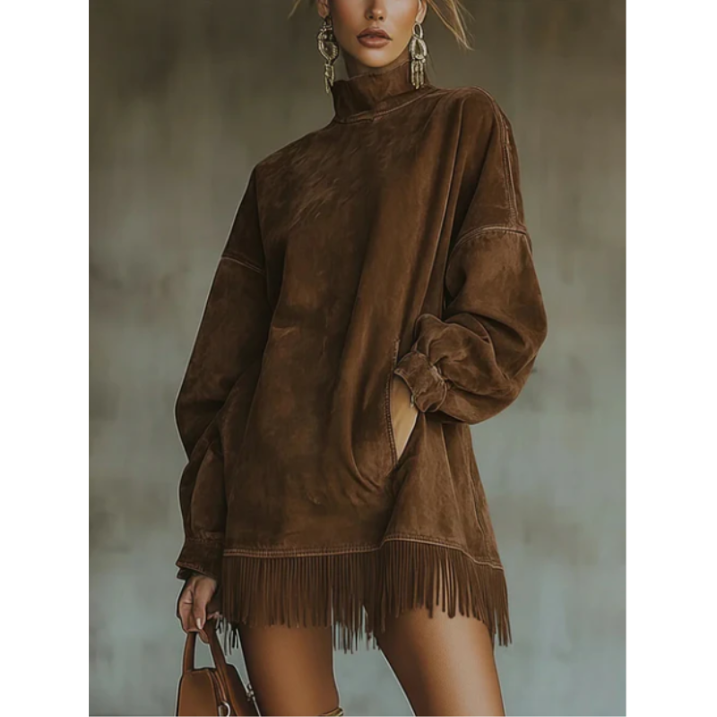 NAYLA | ROBE SUÉDINE CHIC À COL HAUT ET FRANGES